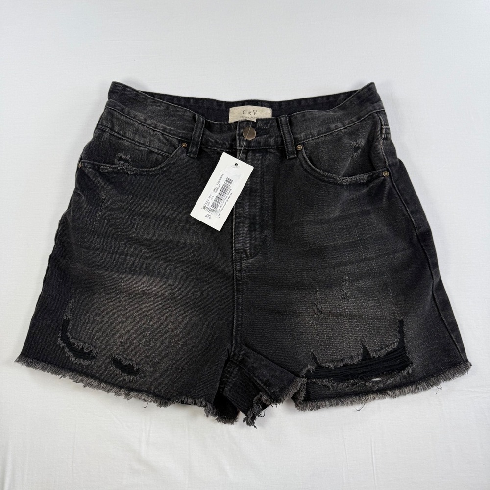 NEW Chelsea &‎ Violet Black Distressed Denim Shorts High Rise Frayed